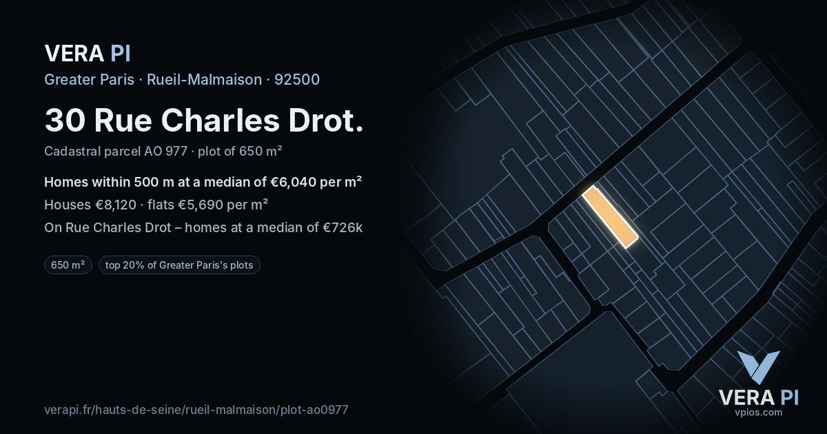 30 Rue Charles Drot, Rueil-Malmaison at night – the plot lit, the parcels around coloured by the prices near them