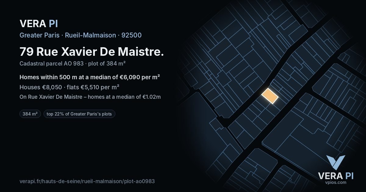 79 Rue Xavier De Maistre, Rueil-Malmaison at night – the plot lit, the parcels around coloured by the prices near them