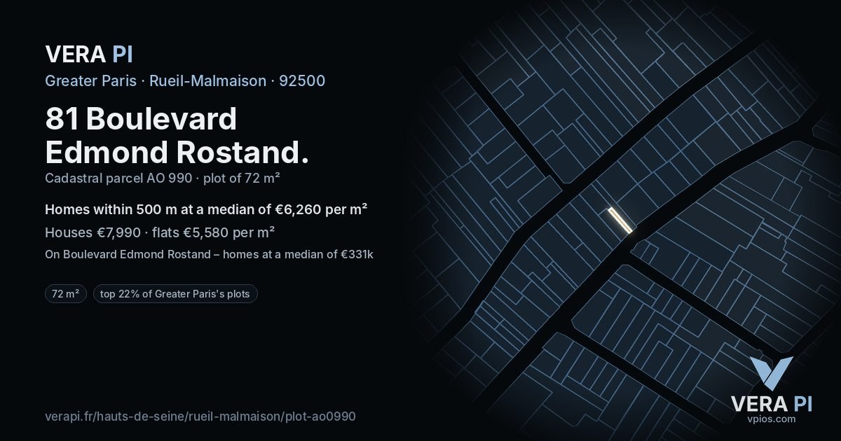 81 Boulevard Edmond Rostand, Rueil-Malmaison at night – the plot lit, the parcels around coloured by the prices near them