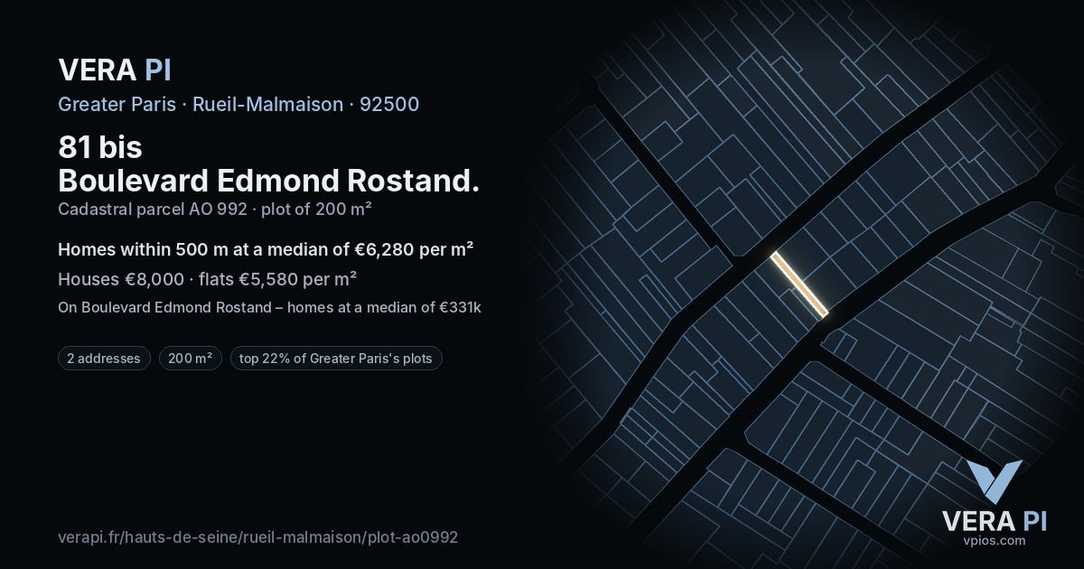 81 bis Boulevard Edmond Rostand, Rueil-Malmaison at night – the plot lit, the parcels around coloured by the prices near them