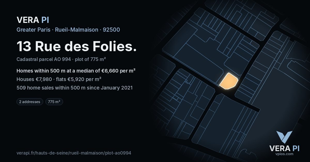 13 Rue des Folies, Rueil-Malmaison at night – the plot lit, the parcels around coloured by the prices near them