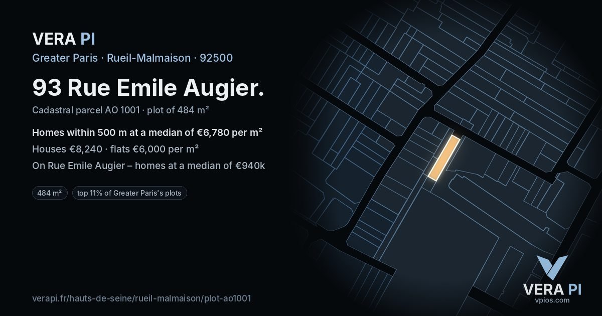 93 Rue Emile Augier, Rueil-Malmaison at night – the plot lit, the parcels around coloured by the prices near them