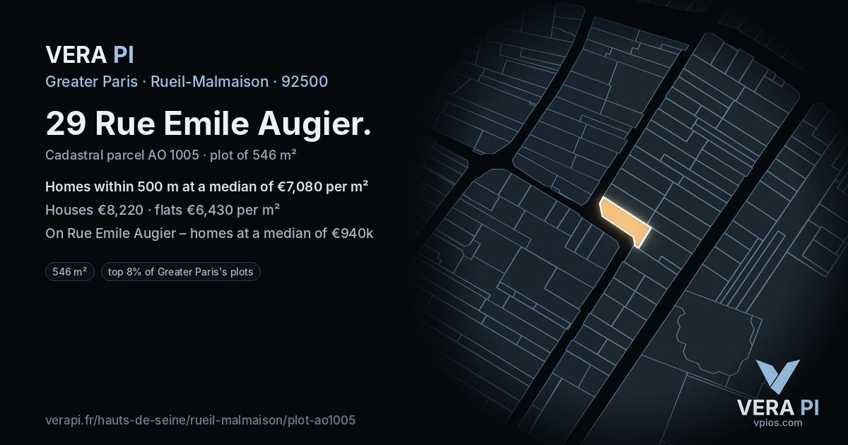 29 Rue Emile Augier, Rueil-Malmaison at night – the plot lit, the parcels around coloured by the prices near them