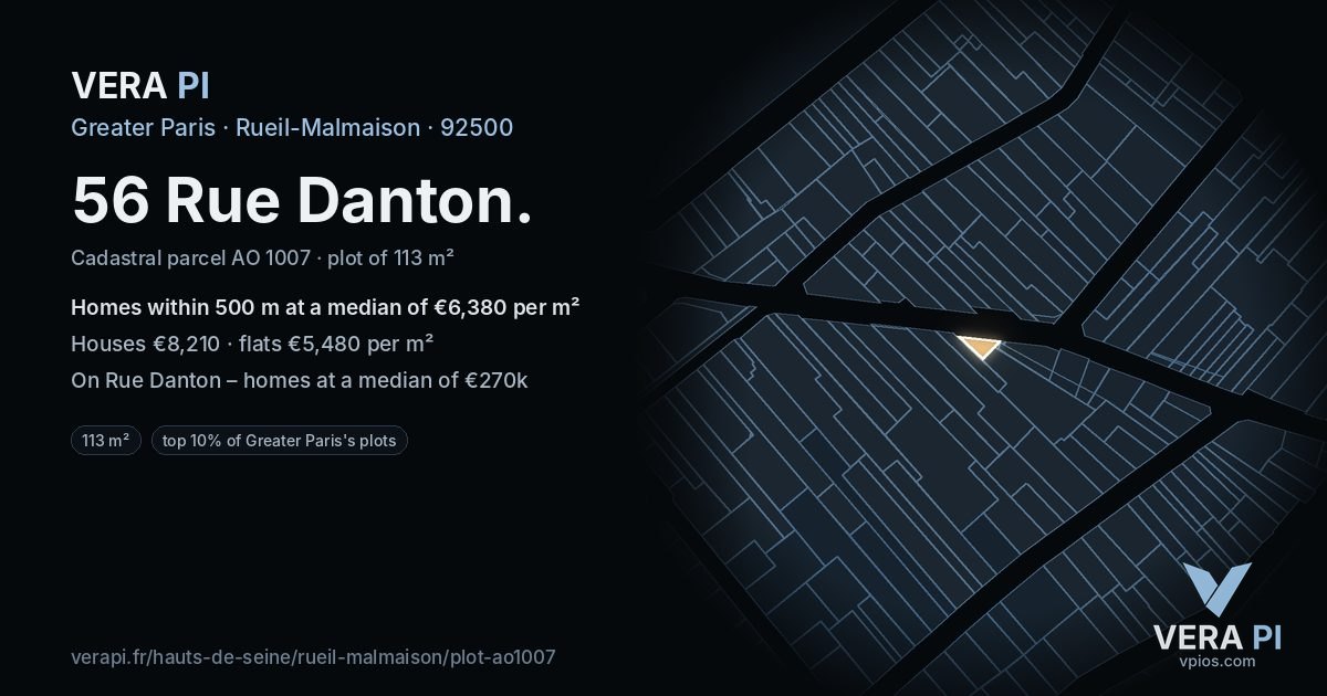 56 Rue Danton, Rueil-Malmaison at night – the plot lit, the parcels around coloured by the prices near them