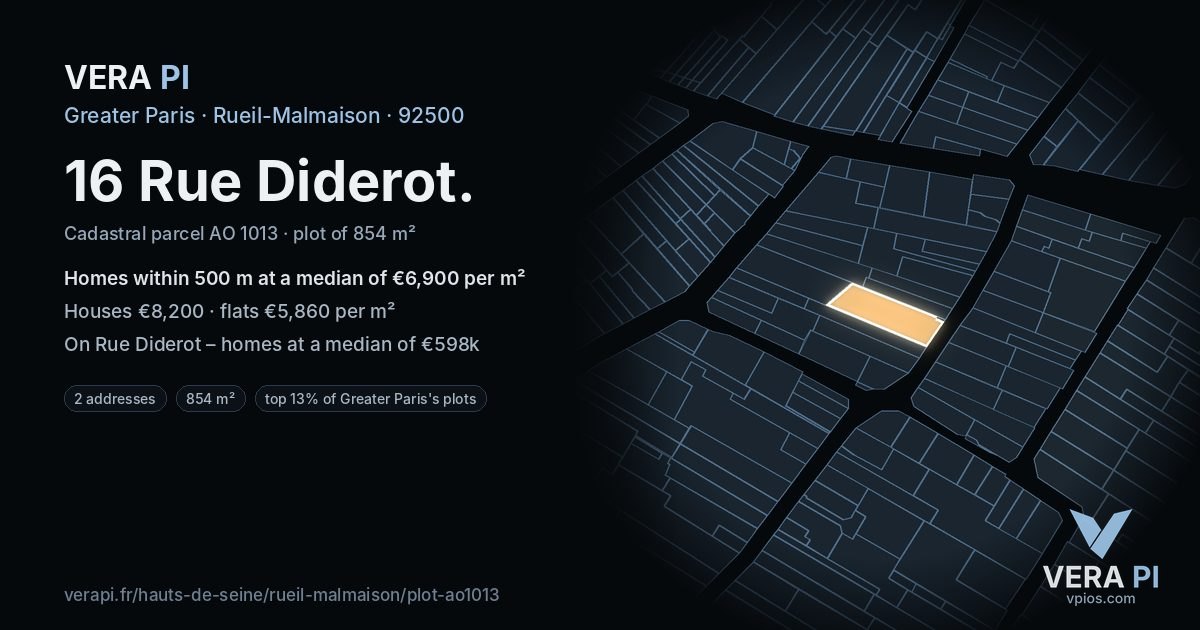 16 Rue Diderot, Rueil-Malmaison at night – the plot lit, the parcels around coloured by the prices near them