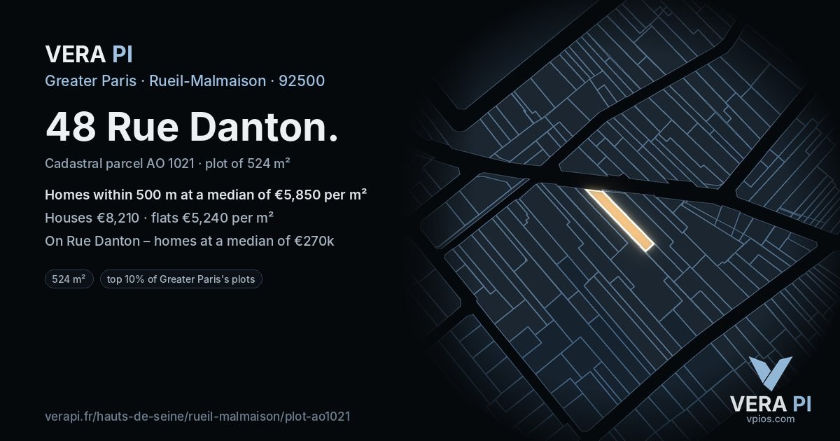 48 Rue Danton, Rueil-Malmaison at night – the plot lit, the parcels around coloured by the prices near them
