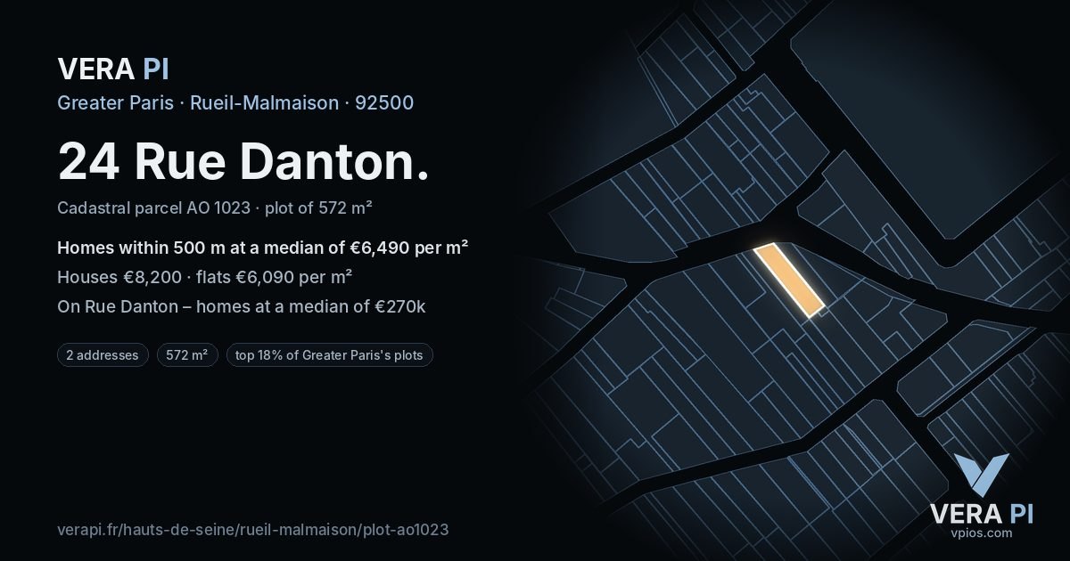 24 Rue Danton, Rueil-Malmaison at night – the plot lit, the parcels around coloured by the prices near them