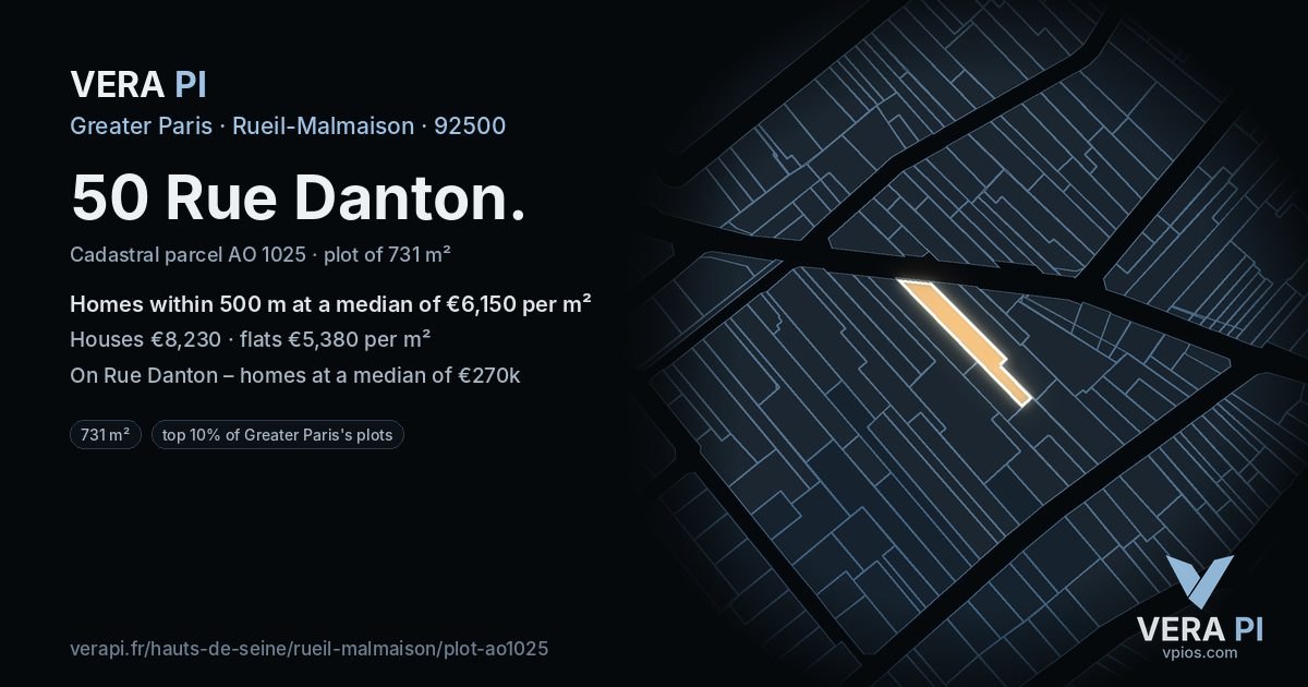 50 Rue Danton, Rueil-Malmaison at night – the plot lit, the parcels around coloured by the prices near them