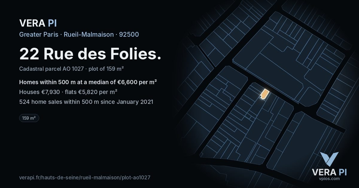 22 Rue des Folies, Rueil-Malmaison at night – the plot lit, the parcels around coloured by the prices near them