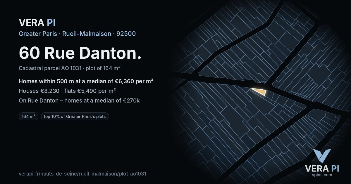 60 Rue Danton, Rueil-Malmaison at night – the plot lit, the parcels around coloured by the prices near them