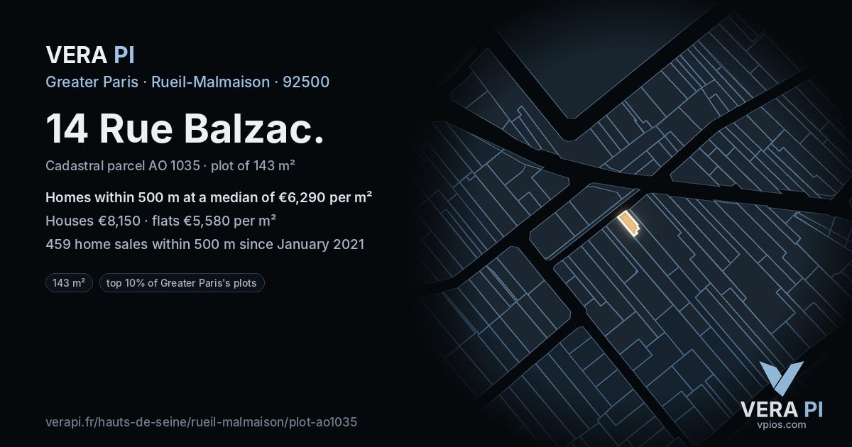 14 Rue Balzac, Rueil-Malmaison at night – the plot lit, the parcels around coloured by the prices near them