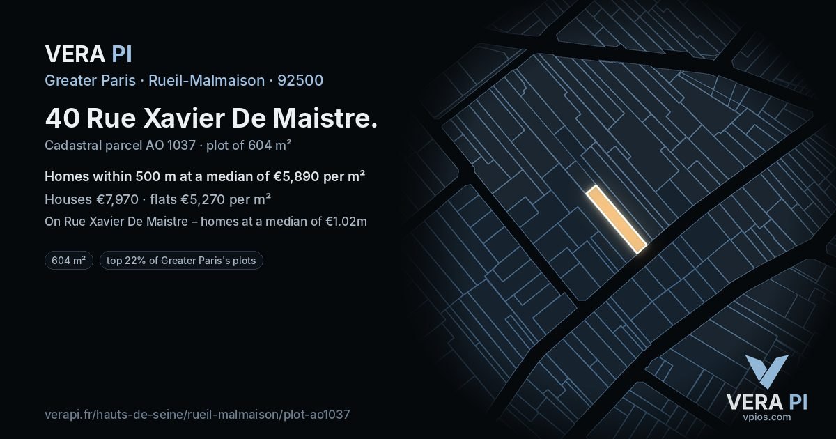 40 Rue Xavier De Maistre, Rueil-Malmaison at night – the plot lit, the parcels around coloured by the prices near them