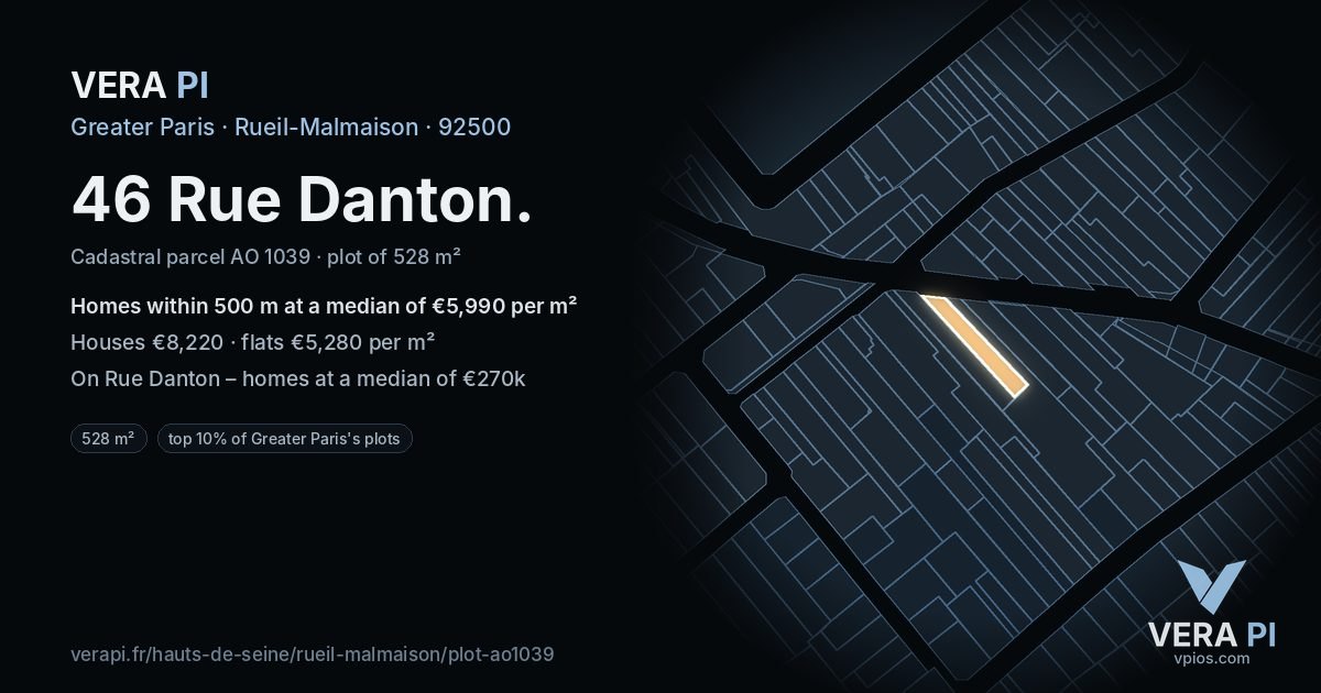 46 Rue Danton, Rueil-Malmaison at night – the plot lit, the parcels around coloured by the prices near them