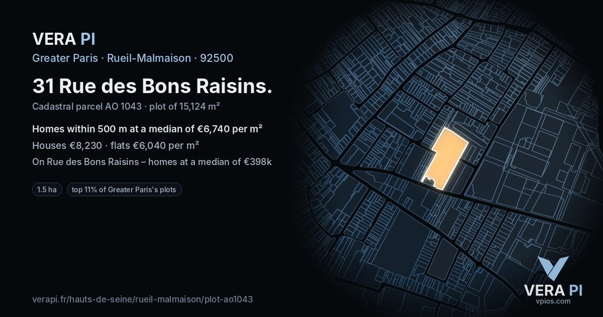31 Rue des Bons Raisins, Rueil-Malmaison at night – the plot lit, the parcels around coloured by the prices near them