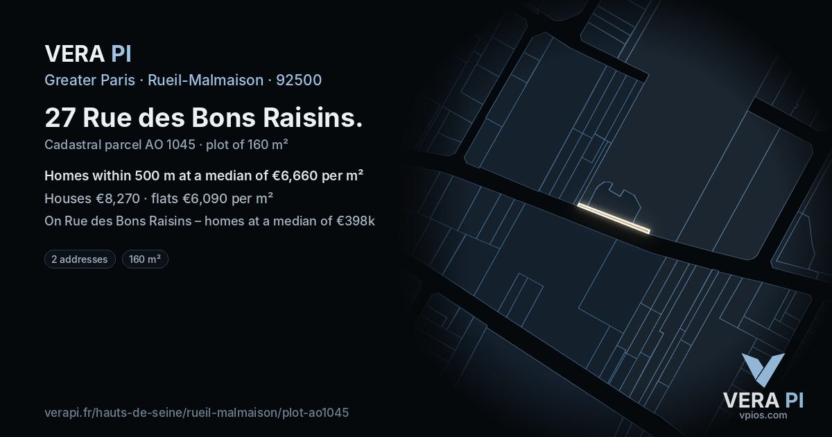 27 Rue des Bons Raisins, Rueil-Malmaison at night – the plot lit, the parcels around coloured by the prices near them