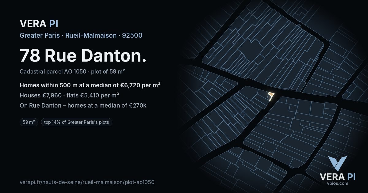 78 Rue Danton, Rueil-Malmaison at night – the plot lit, the parcels around coloured by the prices near them