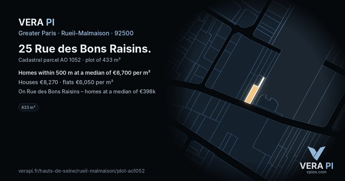 25 Rue des Bons Raisins, Rueil-Malmaison at night – the plot lit, the parcels around coloured by the prices near them