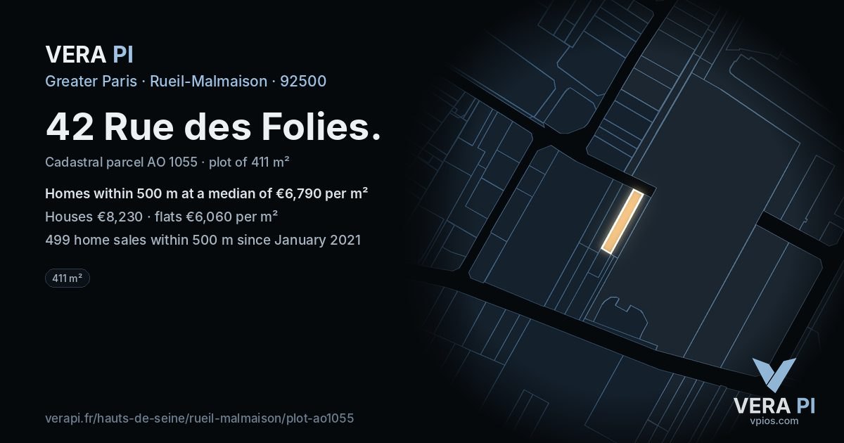 42 Rue des Folies, Rueil-Malmaison at night – the plot lit, the parcels around coloured by the prices near them