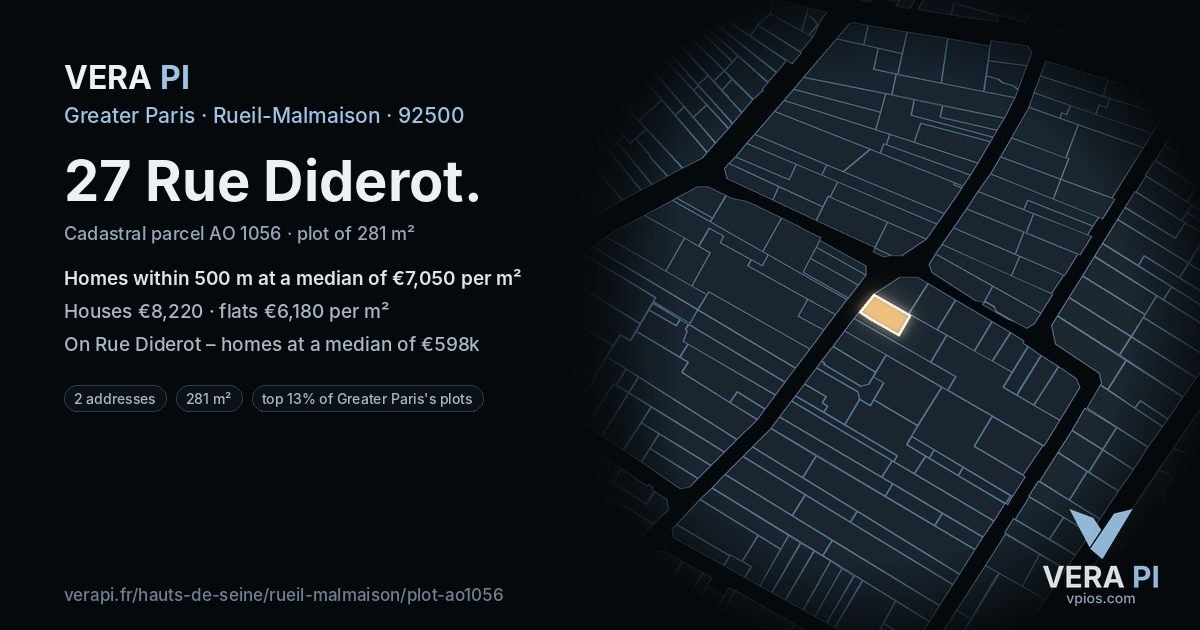 27 Rue Diderot, Rueil-Malmaison at night – the plot lit, the parcels around coloured by the prices near them