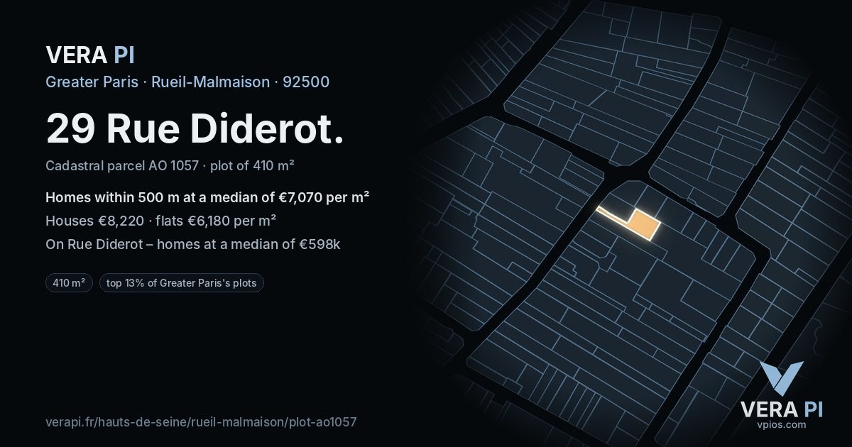 29 Rue Diderot, Rueil-Malmaison at night – the plot lit, the parcels around coloured by the prices near them
