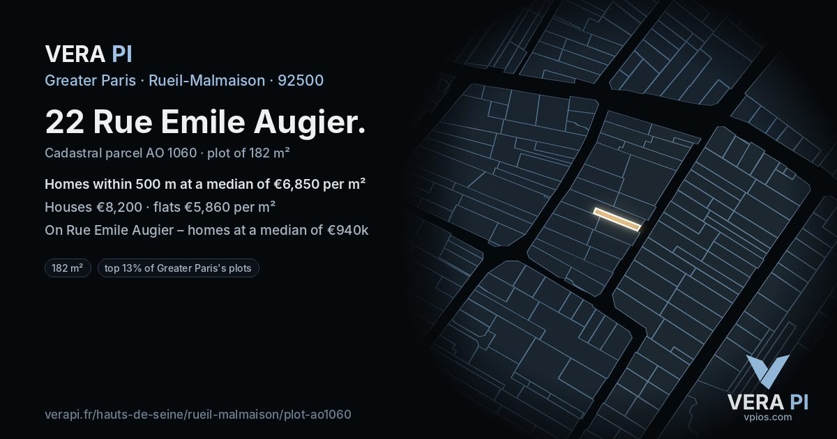 22 Rue Emile Augier, Rueil-Malmaison at night – the plot lit, the parcels around coloured by the prices near them