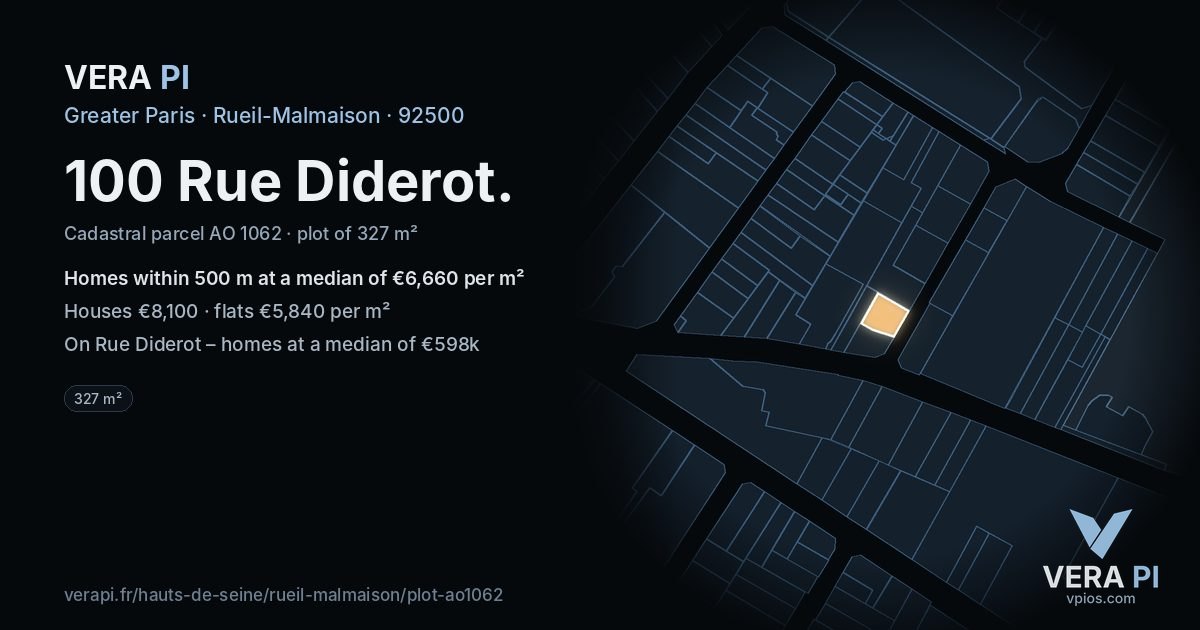 100 Rue Diderot, Rueil-Malmaison at night – the plot lit, the parcels around coloured by the prices near them