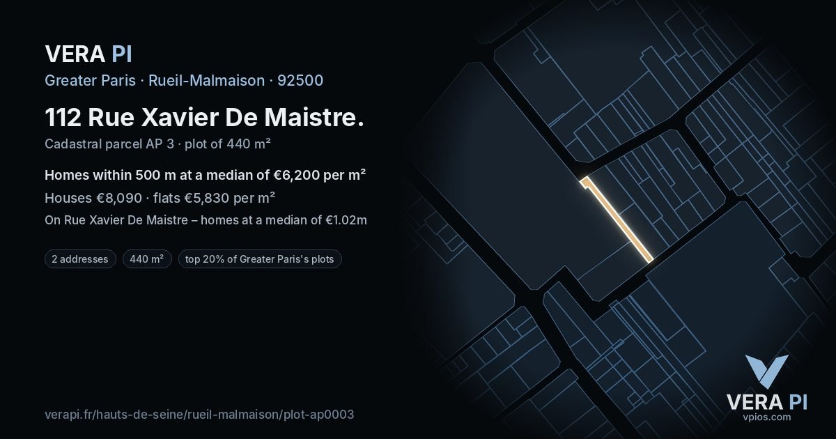 112 Rue Xavier De Maistre, Rueil-Malmaison at night – the plot lit, the parcels around coloured by the prices near them