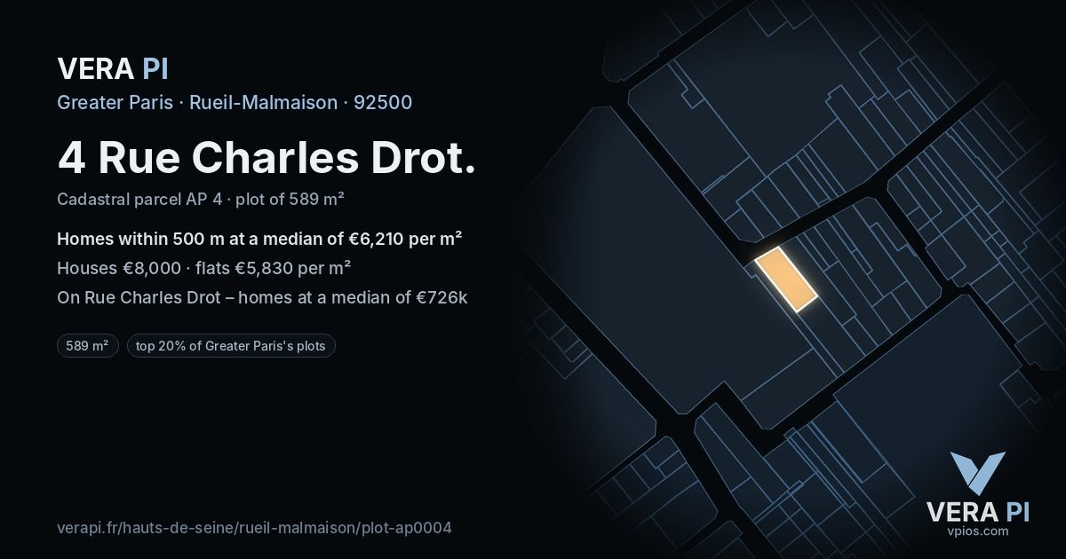 4 Rue Charles Drot, Rueil-Malmaison at night – the plot lit, the parcels around coloured by the prices near them