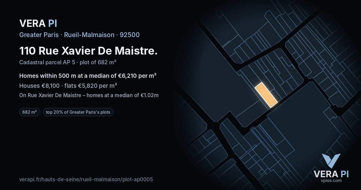 110 Rue Xavier De Maistre, Rueil-Malmaison at night – the plot lit, the parcels around coloured by the prices near them