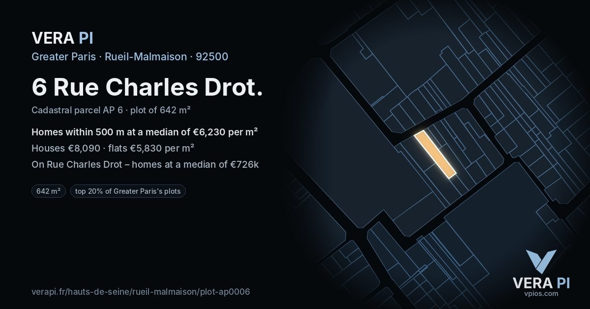 6 Rue Charles Drot, Rueil-Malmaison at night – the plot lit, the parcels around coloured by the prices near them