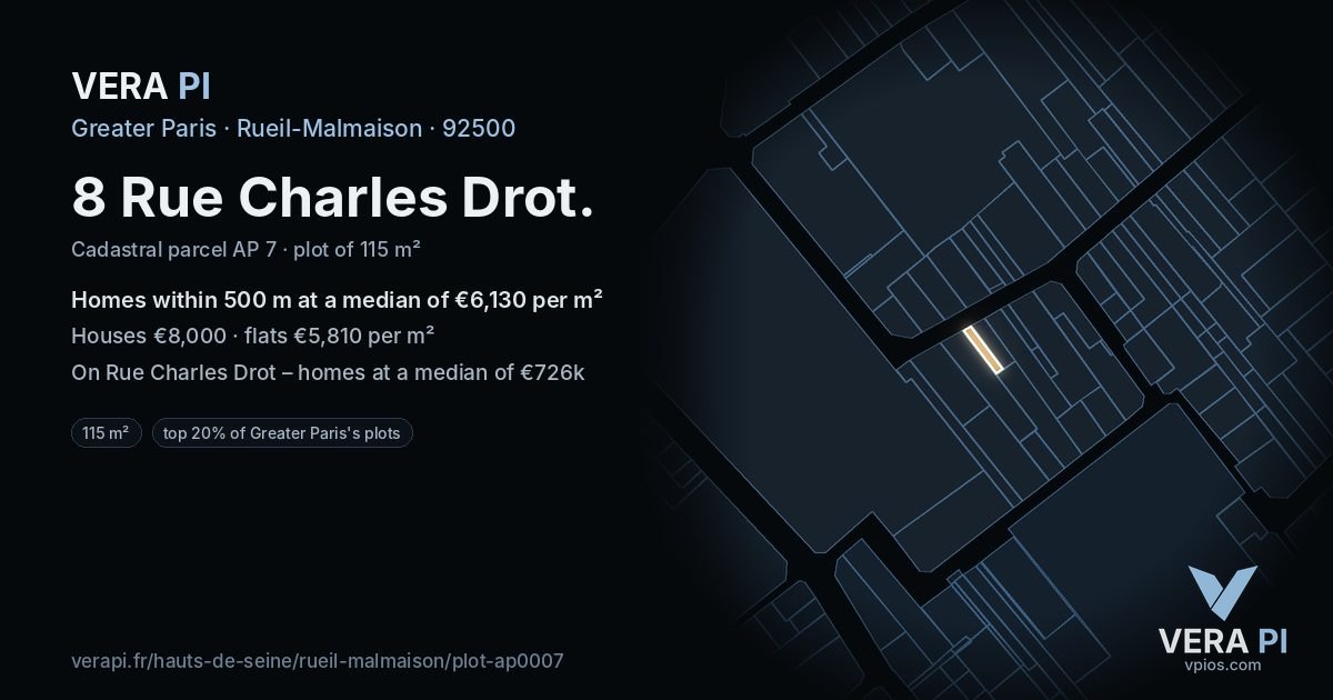 8 Rue Charles Drot, Rueil-Malmaison at night – the plot lit, the parcels around coloured by the prices near them