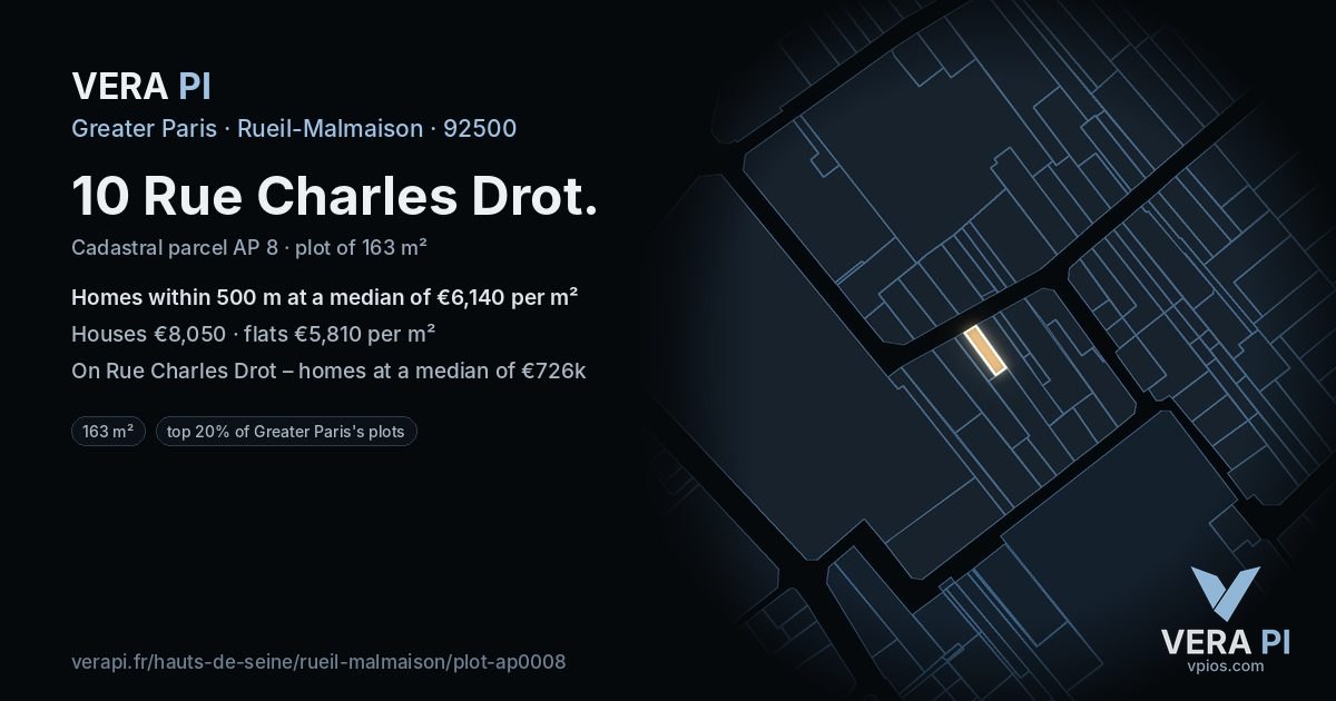 10 Rue Charles Drot, Rueil-Malmaison at night – the plot lit, the parcels around coloured by the prices near them