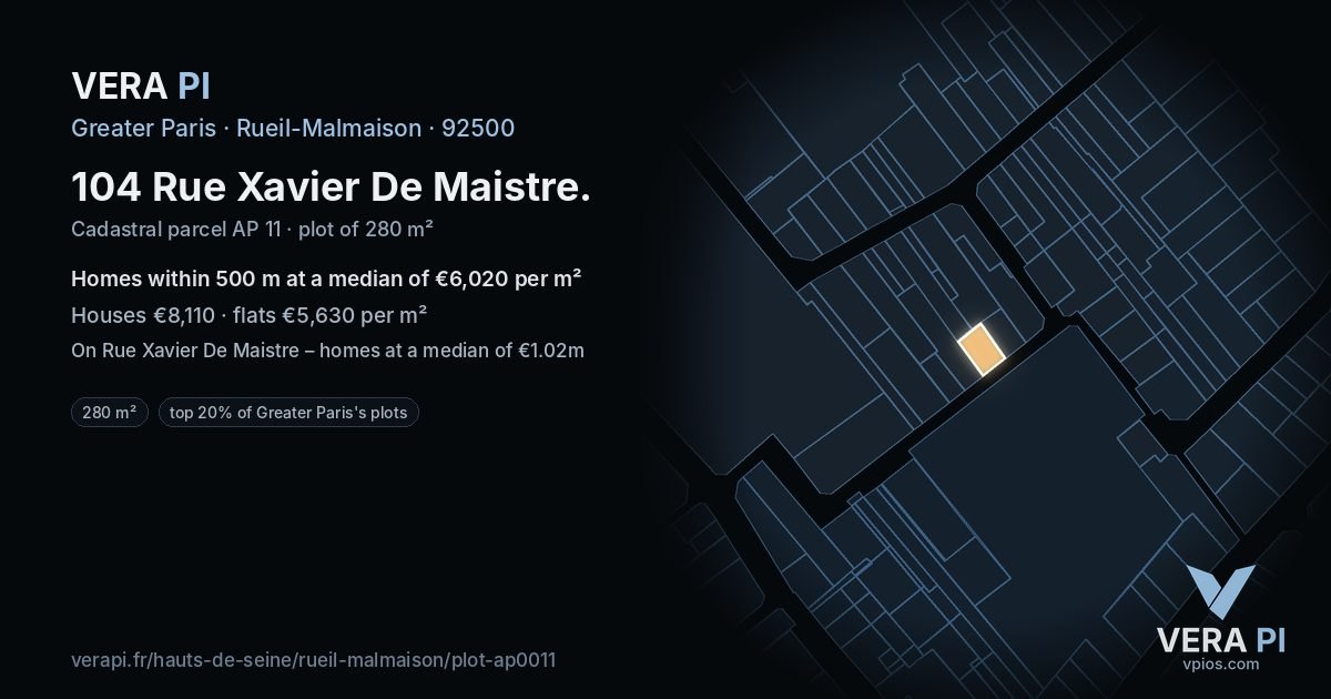 104 Rue Xavier De Maistre, Rueil-Malmaison at night – the plot lit, the parcels around coloured by the prices near them