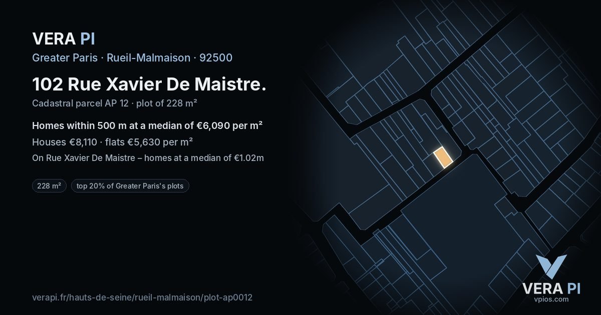 102 Rue Xavier De Maistre, Rueil-Malmaison at night – the plot lit, the parcels around coloured by the prices near them