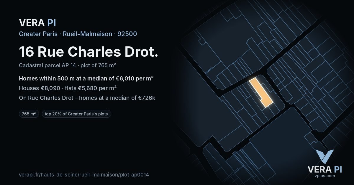16 Rue Charles Drot, Rueil-Malmaison at night – the plot lit, the parcels around coloured by the prices near them