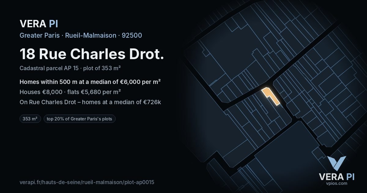 18 Rue Charles Drot, Rueil-Malmaison at night – the plot lit, the parcels around coloured by the prices near them
