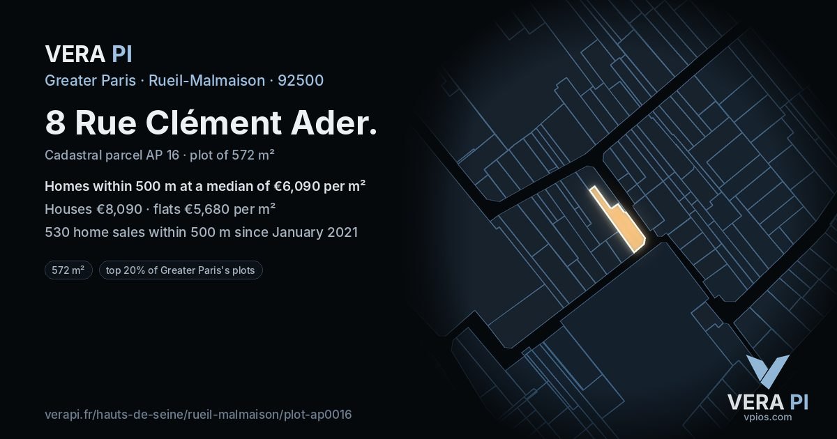 8 Rue Clément Ader, Rueil-Malmaison at night – the plot lit, the parcels around coloured by the prices near them