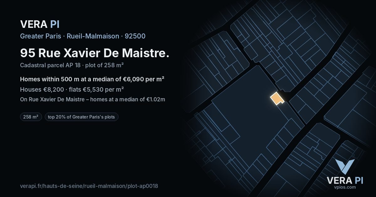95 Rue Xavier De Maistre, Rueil-Malmaison at night – the plot lit, the parcels around coloured by the prices near them