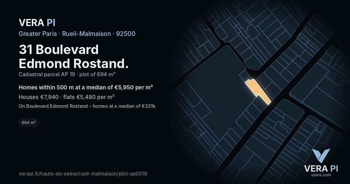 31 Boulevard Edmond Rostand, Rueil-Malmaison at night – the plot lit, the parcels around coloured by the prices near them