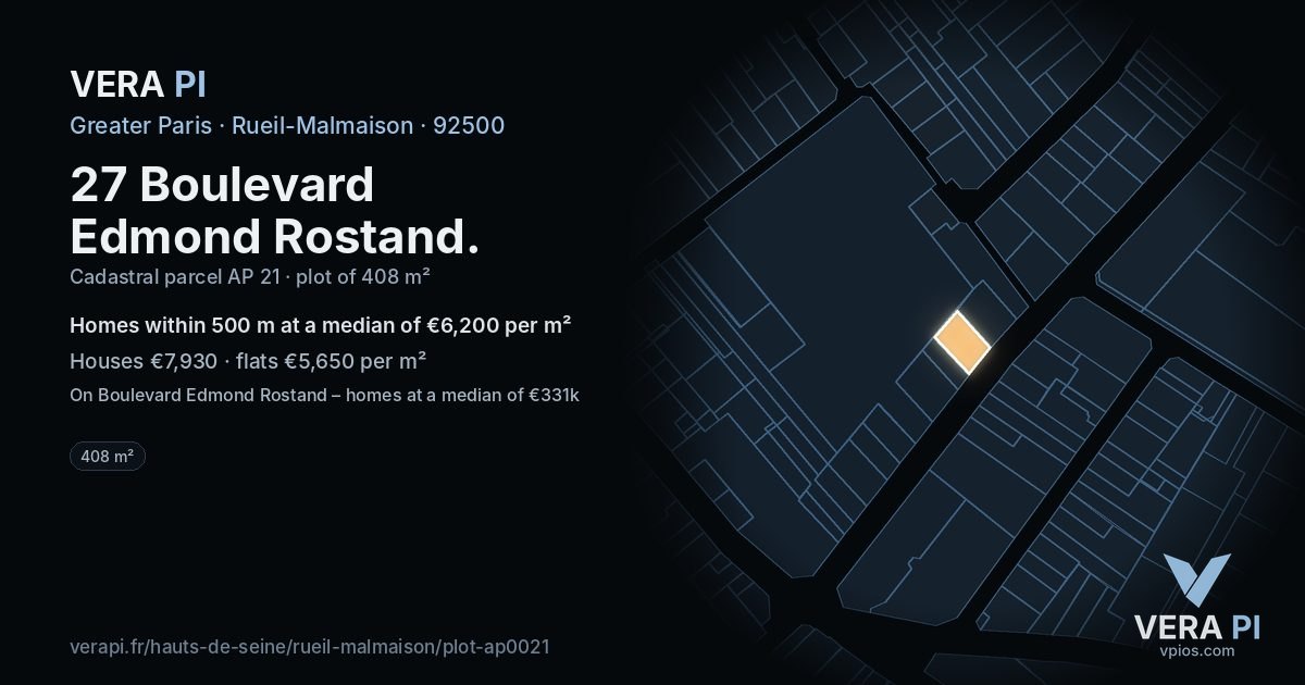 27 Boulevard Edmond Rostand, Rueil-Malmaison at night – the plot lit, the parcels around coloured by the prices near them