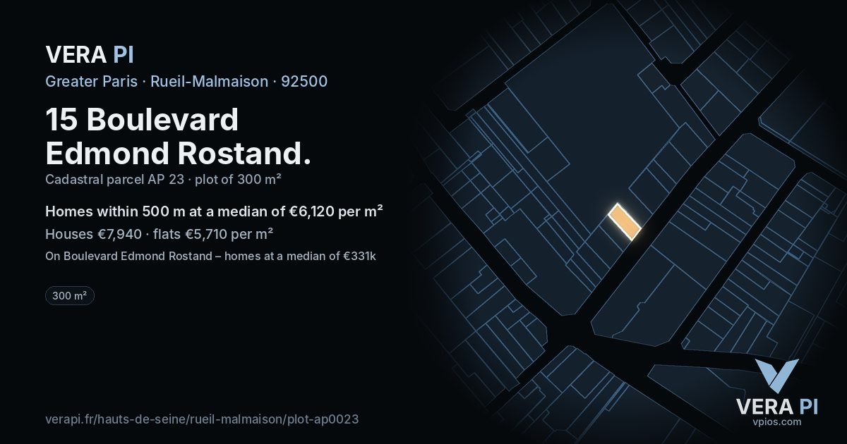 15 Boulevard Edmond Rostand, Rueil-Malmaison at night – the plot lit, the parcels around coloured by the prices near them