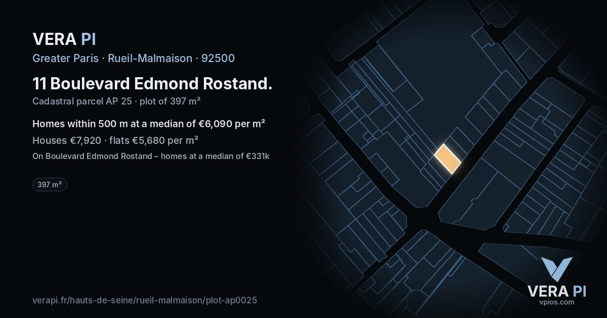 11 Boulevard Edmond Rostand, Rueil-Malmaison at night – the plot lit, the parcels around coloured by the prices near them