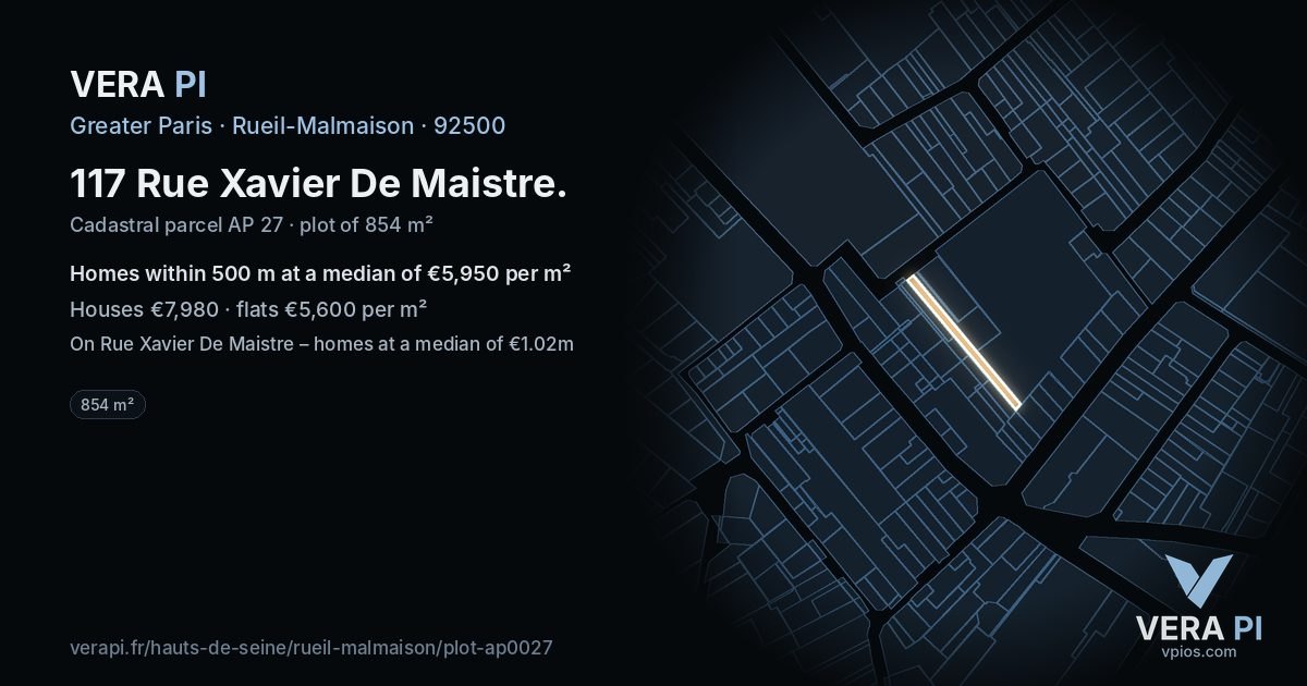 117 Rue Xavier De Maistre, Rueil-Malmaison at night – the plot lit, the parcels around coloured by the prices near them