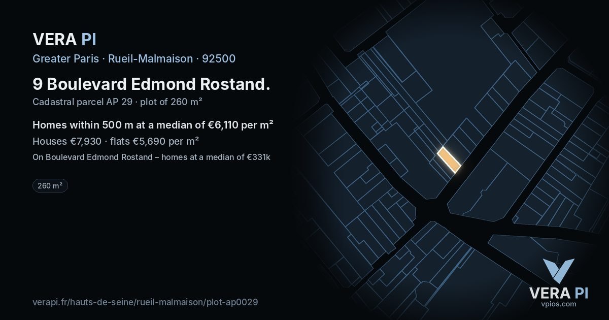 9 Boulevard Edmond Rostand, Rueil-Malmaison at night – the plot lit, the parcels around coloured by the prices near them