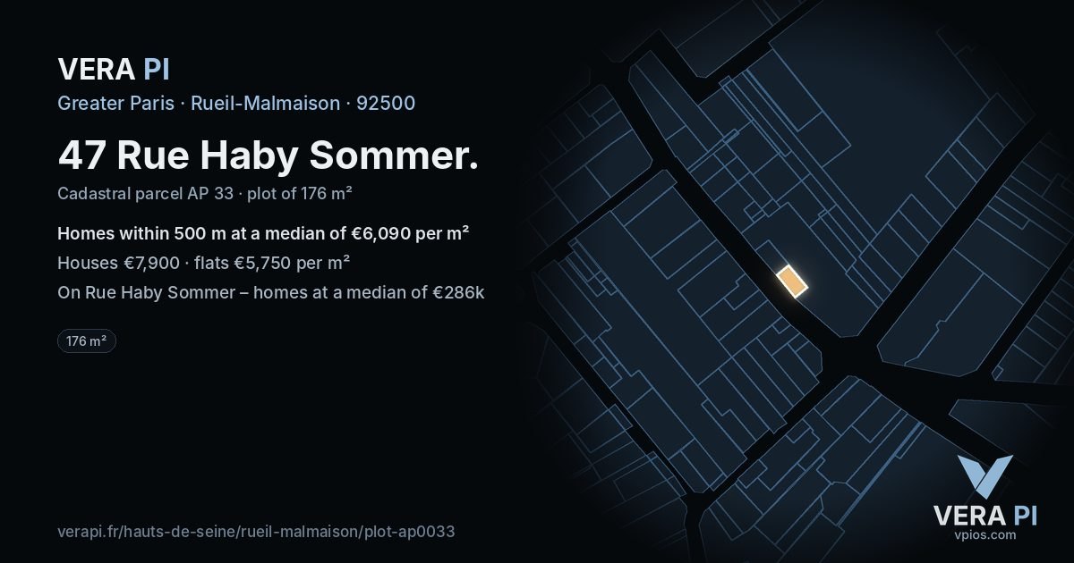 47 Rue Haby Sommer, Rueil-Malmaison at night – the plot lit, the parcels around coloured by the prices near them