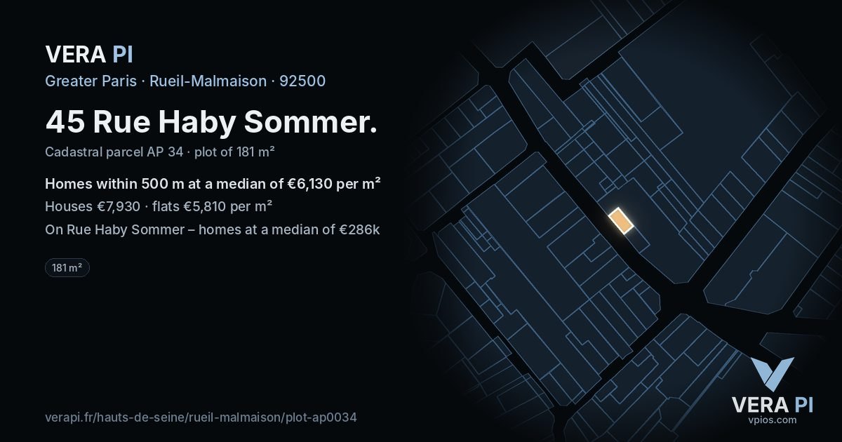 45 Rue Haby Sommer, Rueil-Malmaison at night – the plot lit, the parcels around coloured by the prices near them