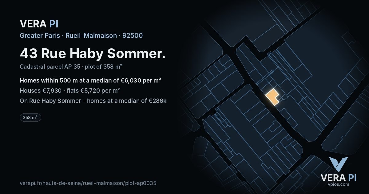 43 Rue Haby Sommer, Rueil-Malmaison at night – the plot lit, the parcels around coloured by the prices near them