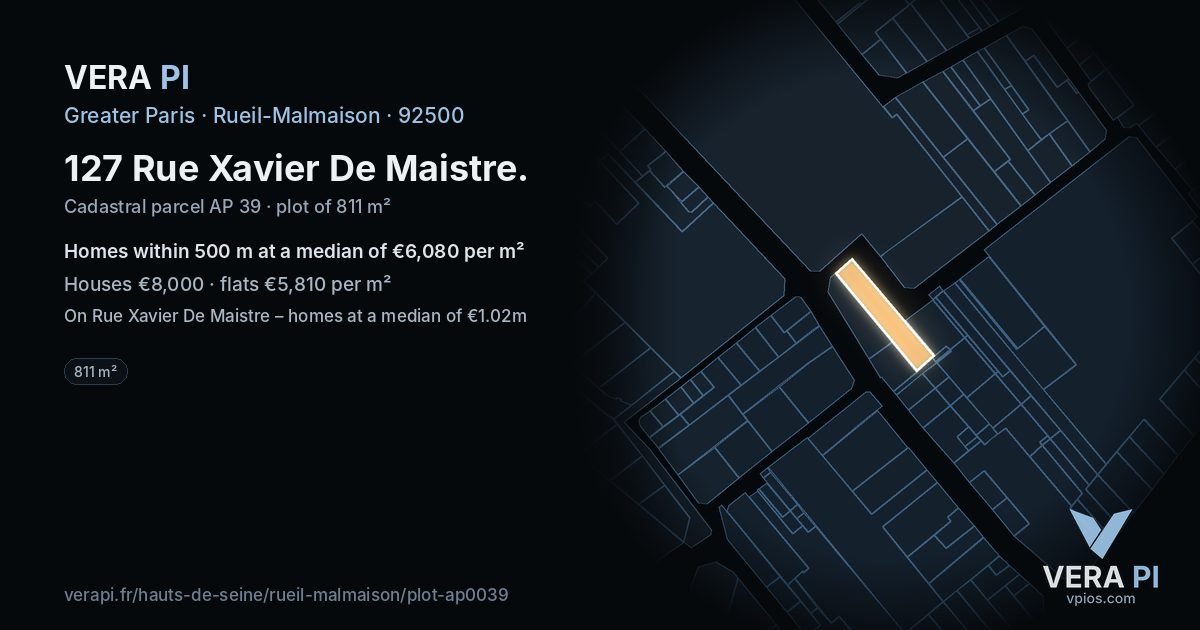 127 Rue Xavier De Maistre, Rueil-Malmaison at night – the plot lit, the parcels around coloured by the prices near them