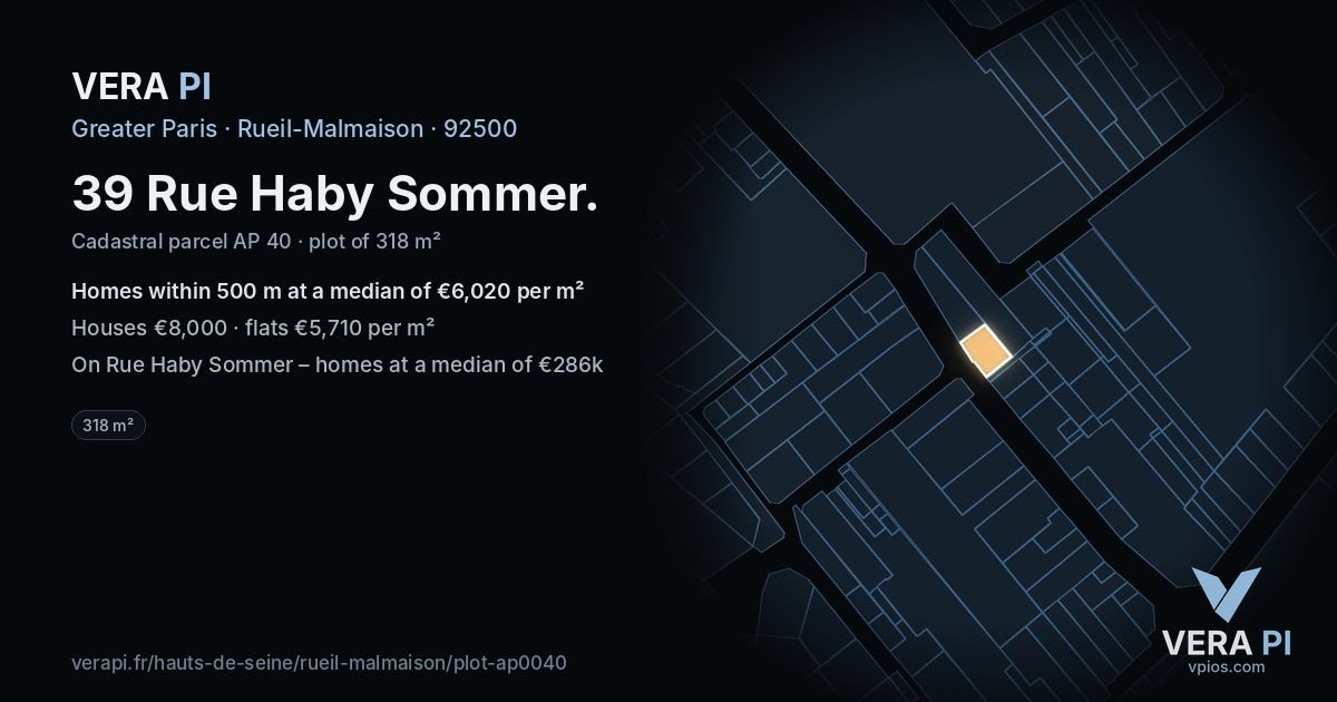 39 Rue Haby Sommer, Rueil-Malmaison at night – the plot lit, the parcels around coloured by the prices near them