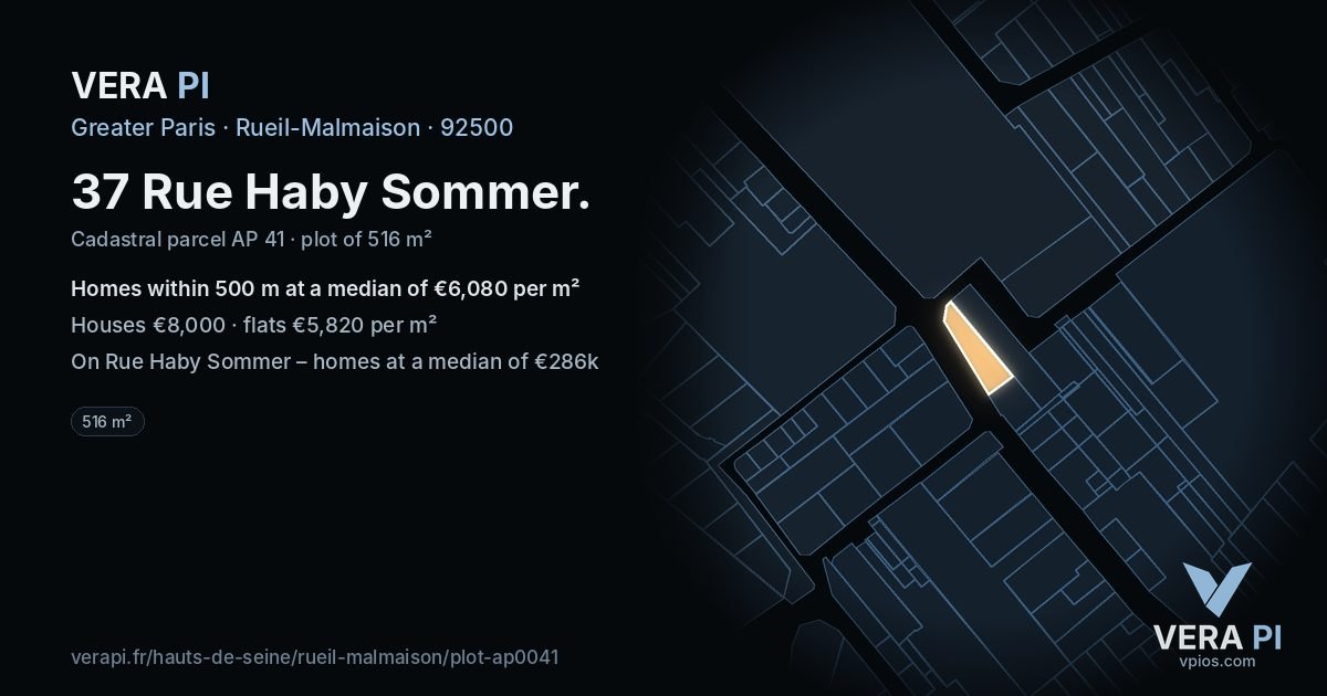 37 Rue Haby Sommer, Rueil-Malmaison at night – the plot lit, the parcels around coloured by the prices near them